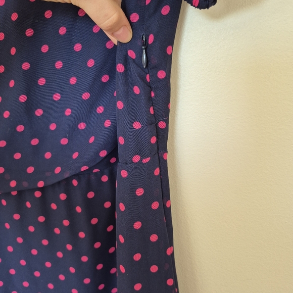 Laura Women's Feminine Navy & Pink Poka Dot Ruffle Asymmetrical Dress Size 4/S - Picture 6 of 9
